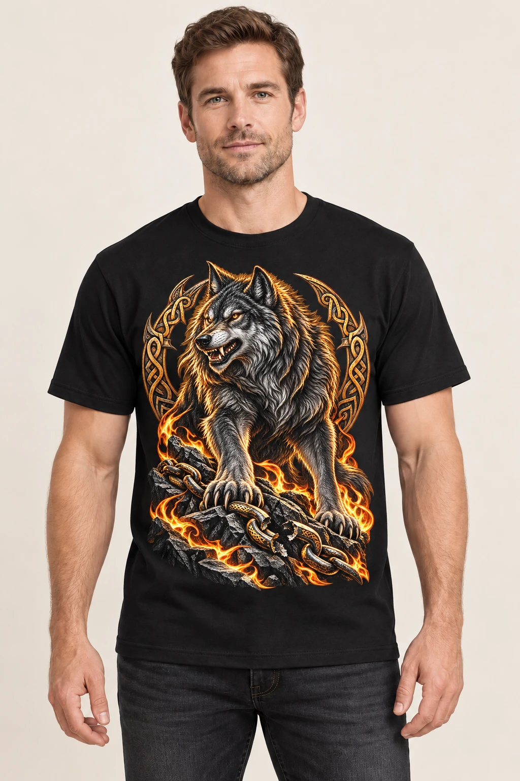 Aperçu porté du t-shirt noir Fenrir, avec le loup et la chaîne brisée sur le devant.