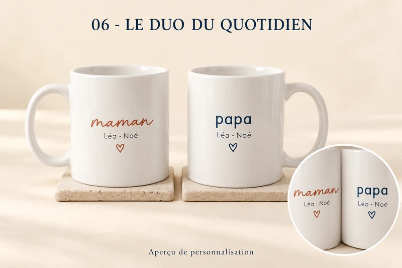Duo mugs quotidien : duo de mugs personnalisé, produit entier et zoom du motif