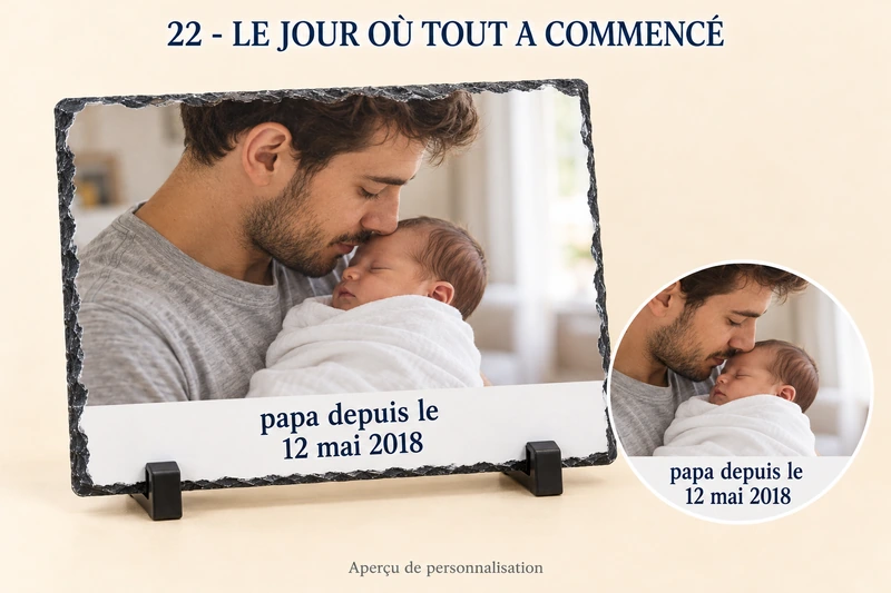 Le jour où tout a commencé : ardoise photo personnalisé, produit entier et zoom du motif