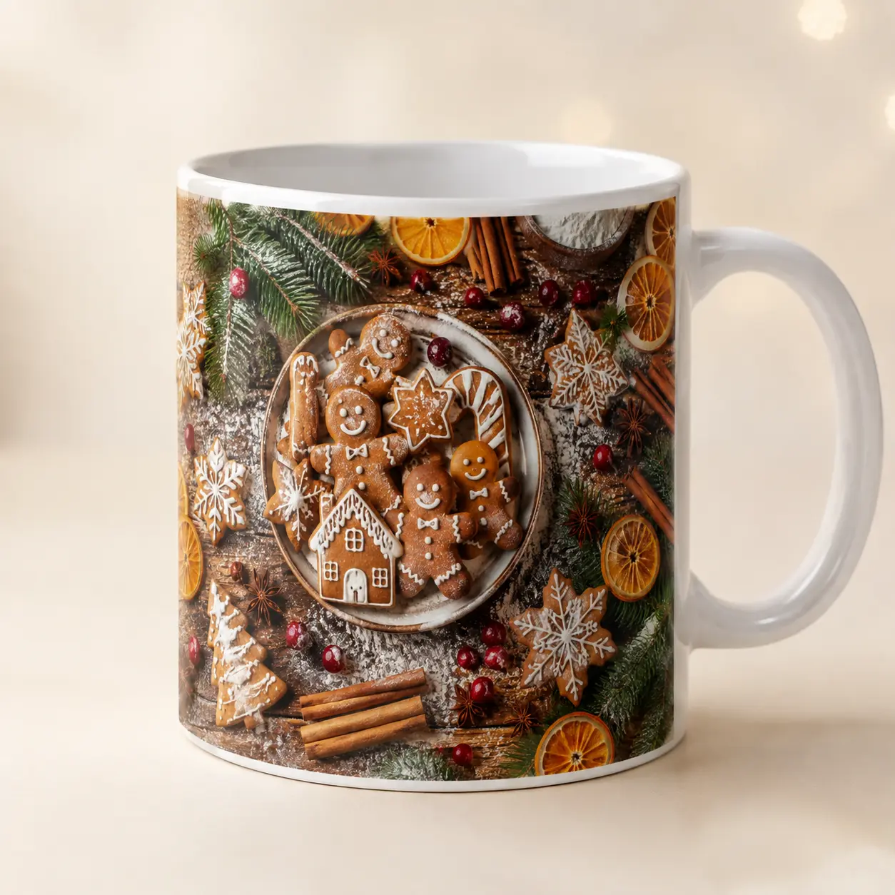 Biscuits de Noël, épices et agrumes, création présentée sur un mug blanc dans un décor de Noël