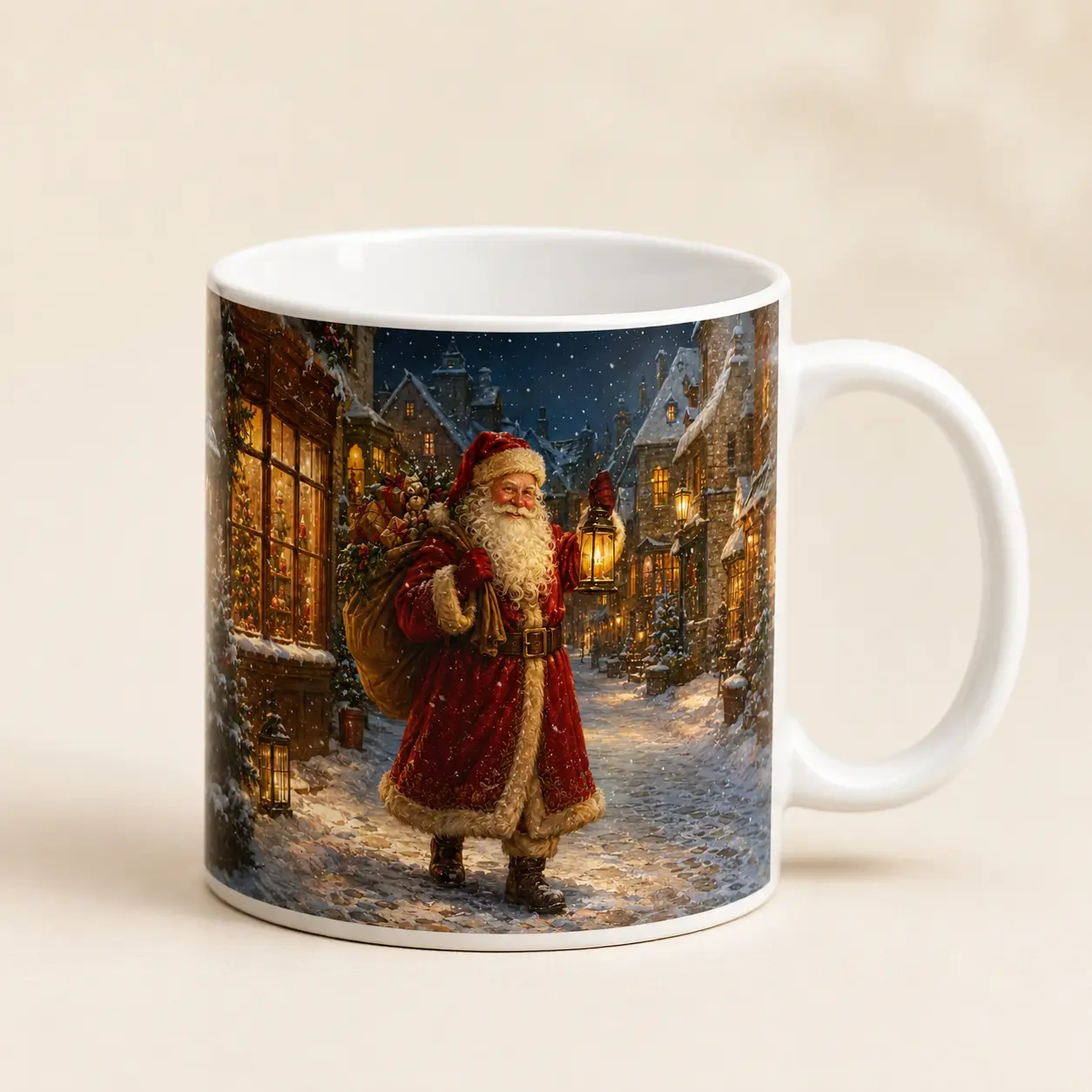 Père Noël dans un village enneigé, création présentée sur un mug blanc dans un décor de Noël