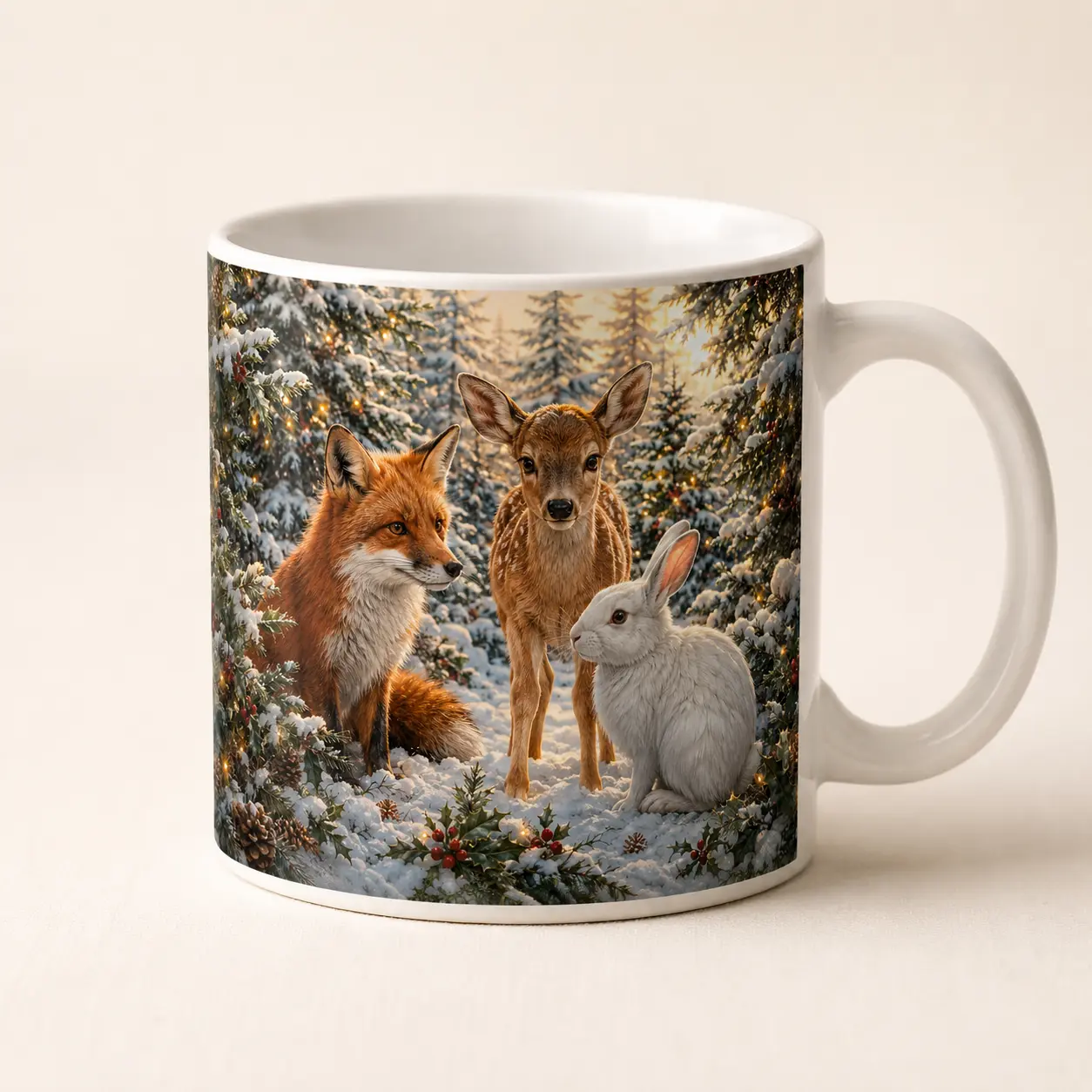 Trio forestier aux lumières de Noël, création présentée sur un mug blanc dans un décor de Noël