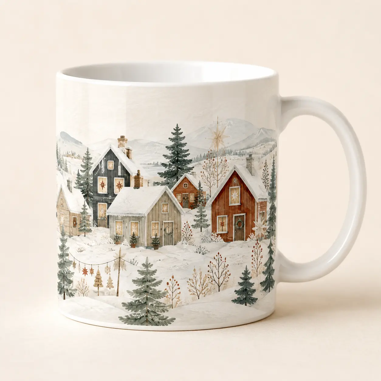Village nordique enneigé, création présentée sur un mug blanc dans un décor de Noël