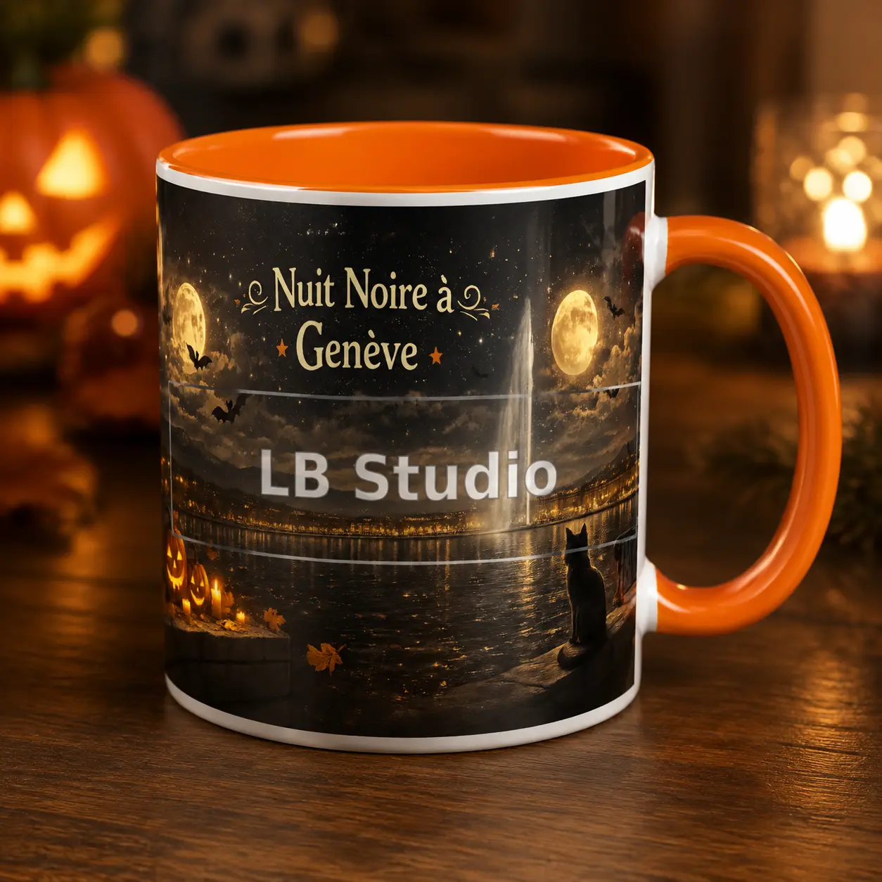 Nuit Noire à Genève, création LB Studio sur mug intérieur et anse colorés