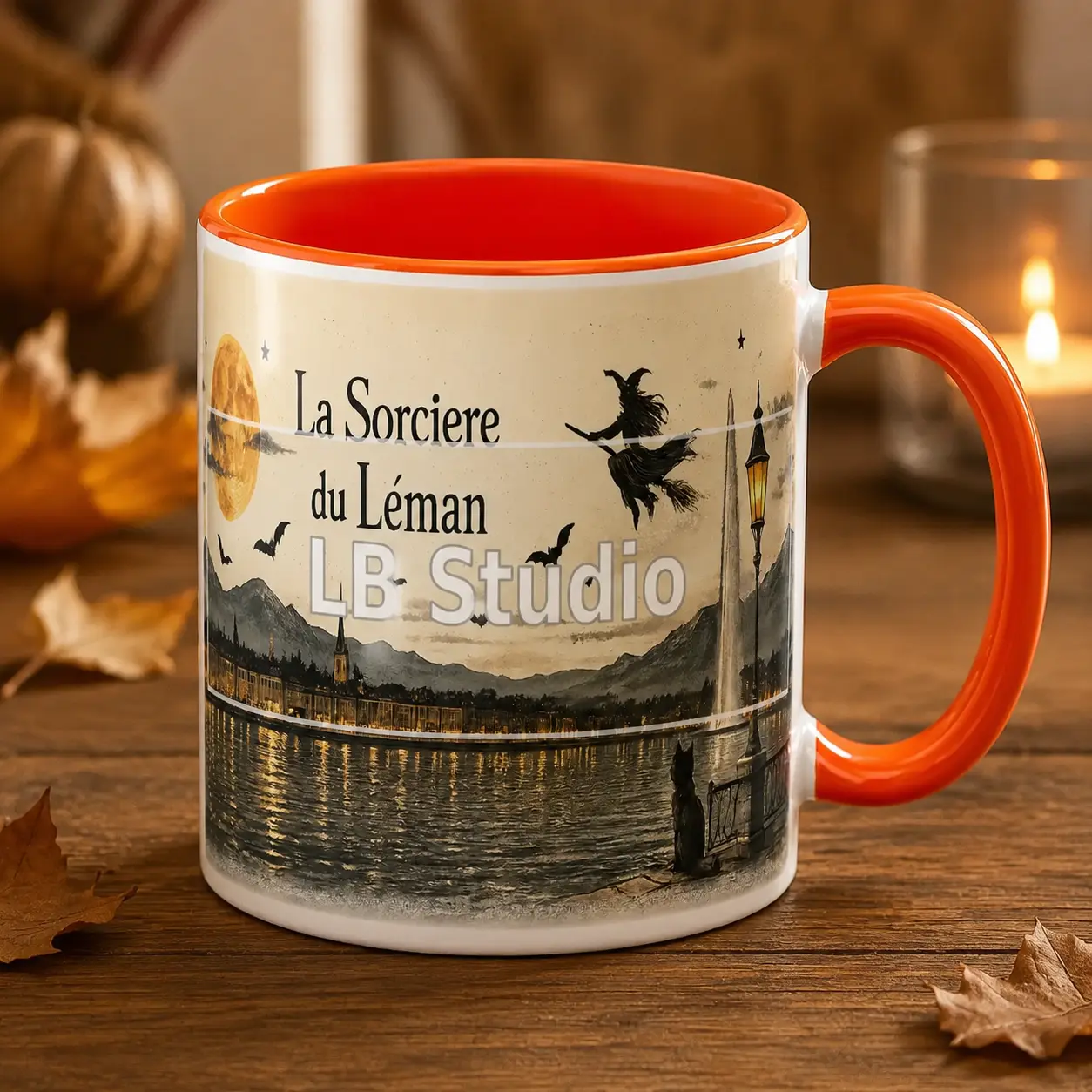 La Sorcière du Léman, création LB Studio sur mug intérieur et anse colorés