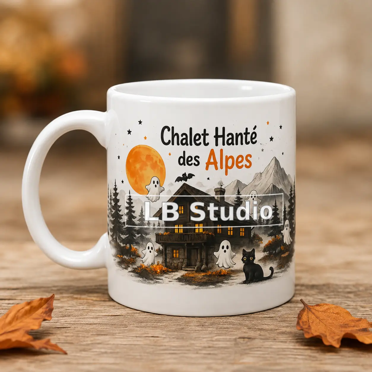 Chalet Hanté des Alpes, création LB Studio sur mug blanc brillant