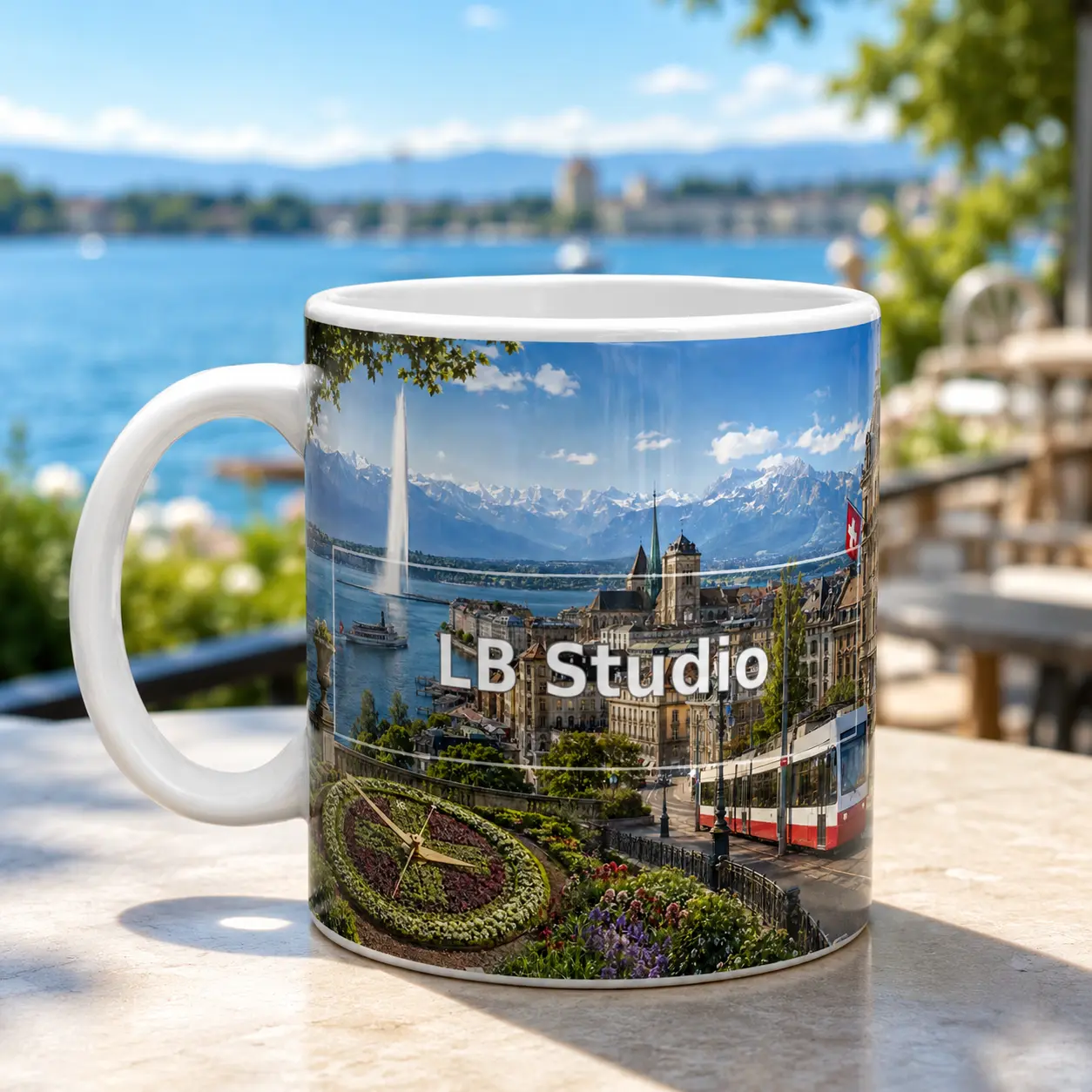 Genève & son Jet d’eau, création LB Studio sur mug blanc brillant