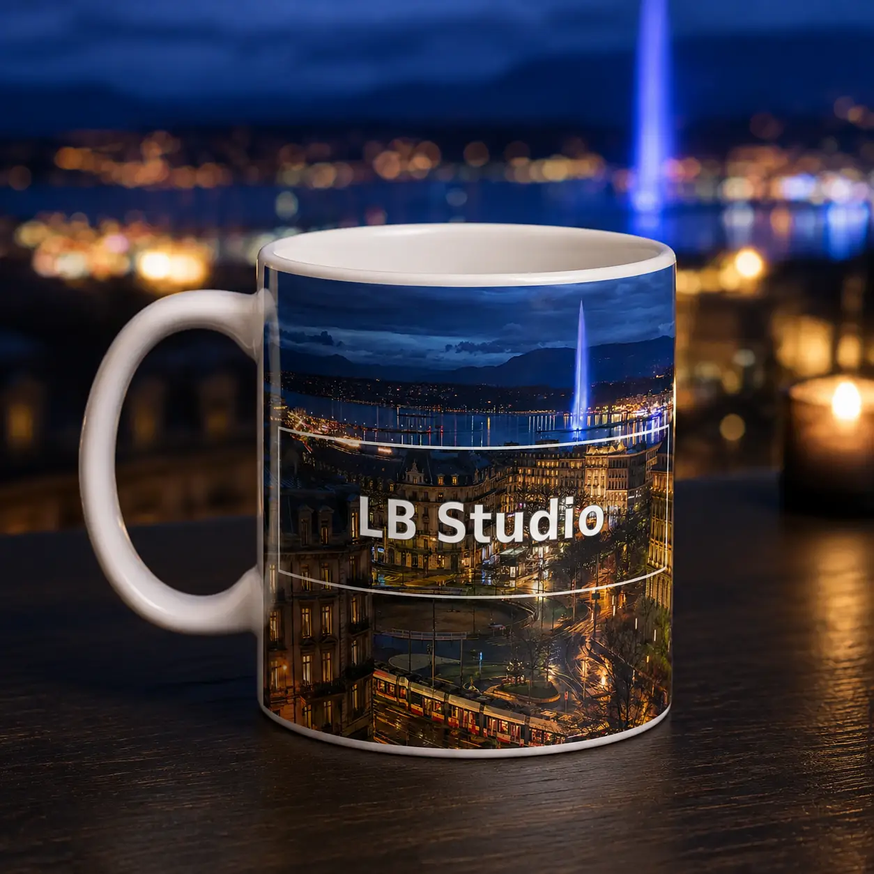 Genève, lumières sur le Léman, création LB Studio sur mug blanc brillant