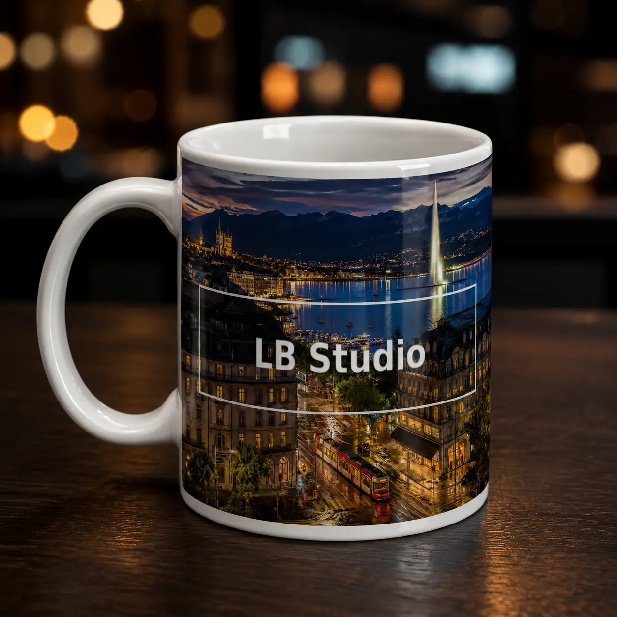 Genève au crépuscule, création LB Studio sur mug blanc brillant