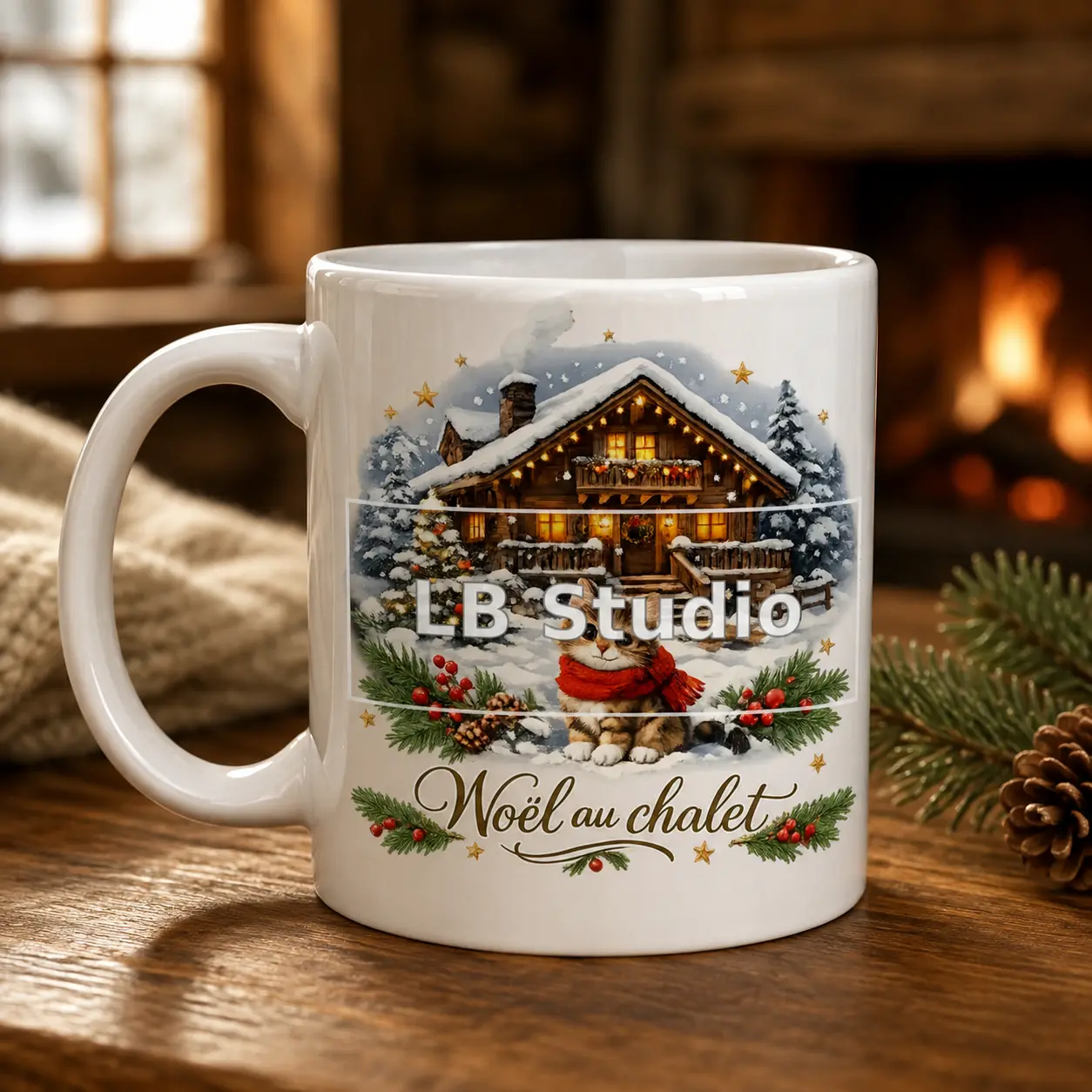 Noël au chalet, création LB Studio sur mug blanc brillant