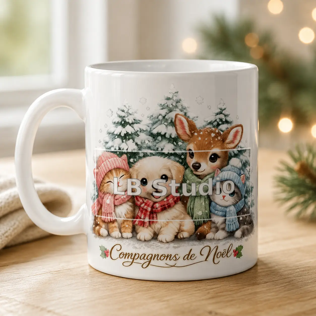 Compagnons de Noël, création LB Studio sur mug blanc brillant