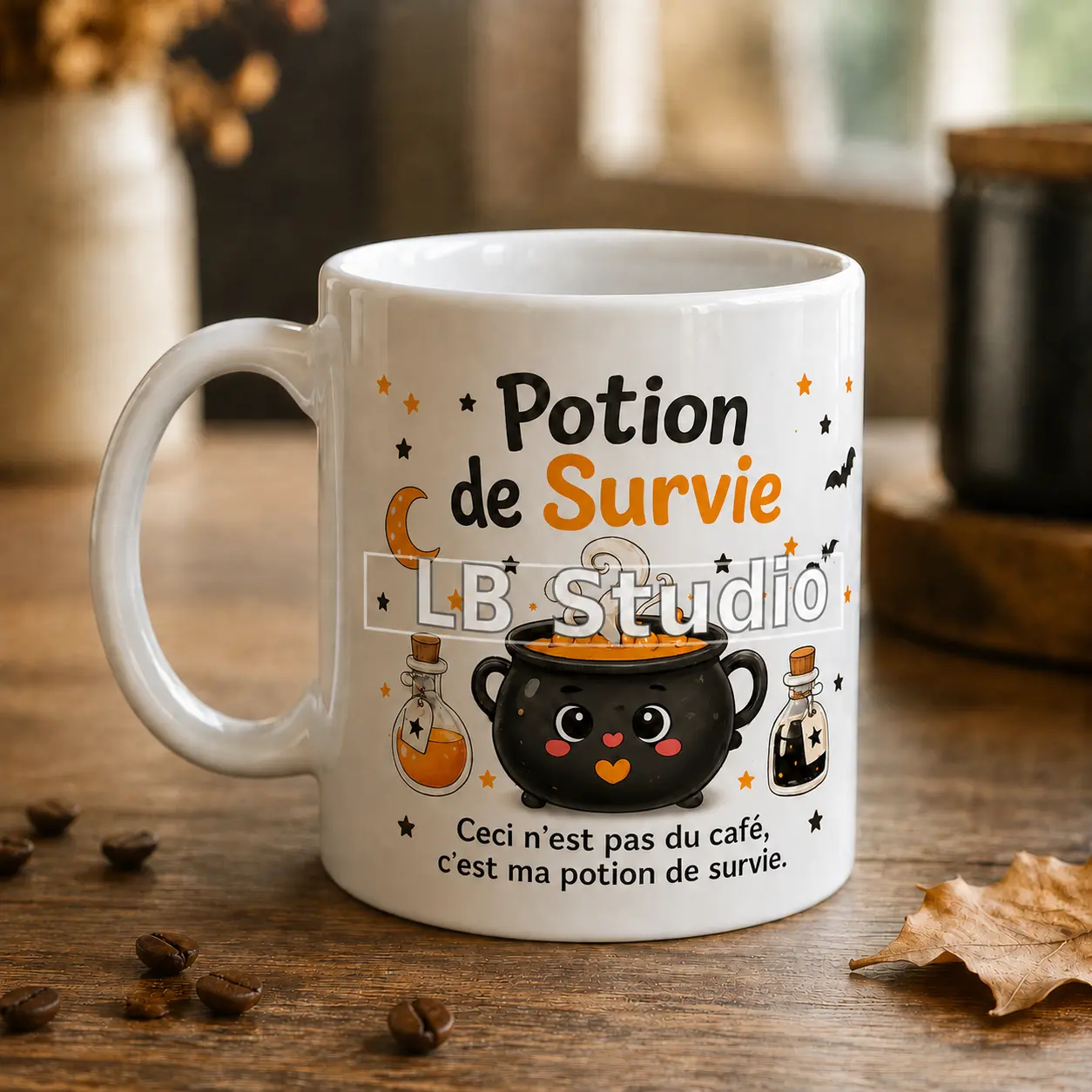 Potion de Survie, création LB Studio sur mug blanc brillant