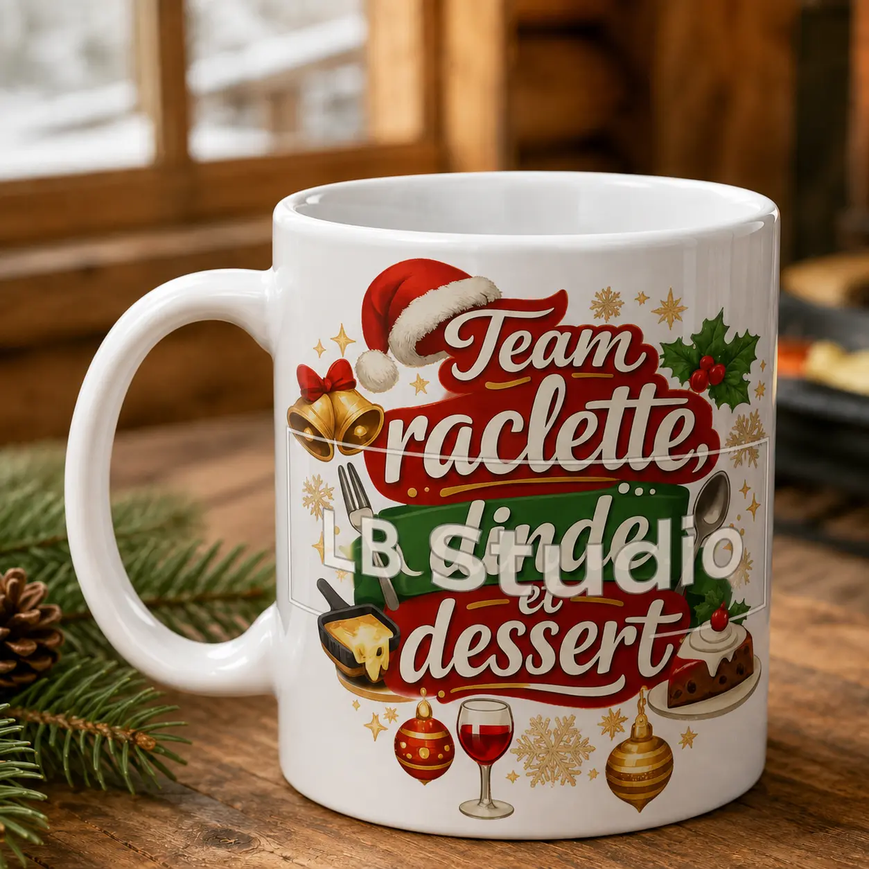 Team raclette, création LB Studio sur mug blanc brillant