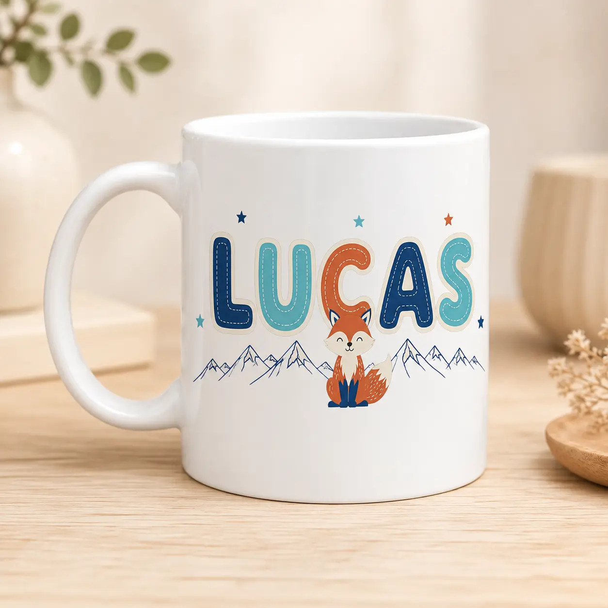 Mug personnalisé Lucas avec renard et montagnes