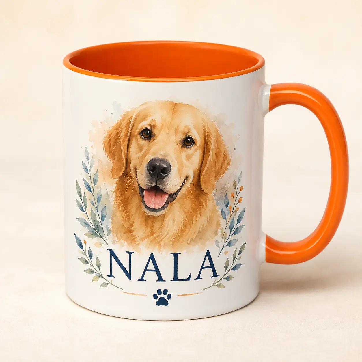 Mug orange personnalisé avec le chien Nala