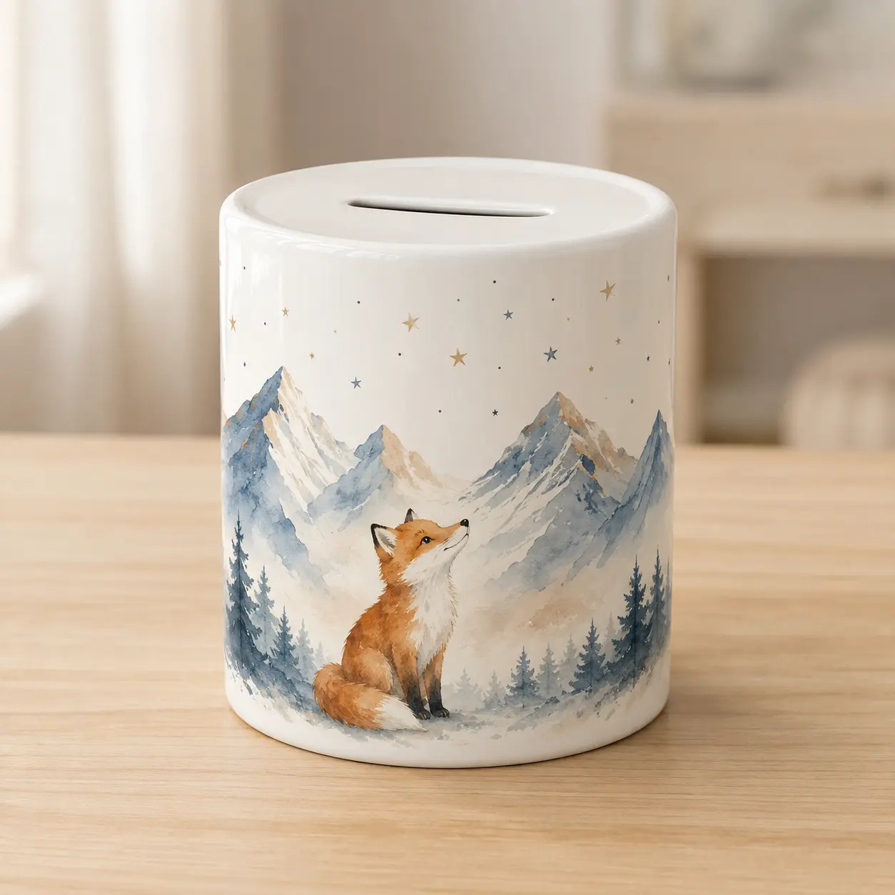 Tirelire en céramique personnalisée avec un renard et des montagnes