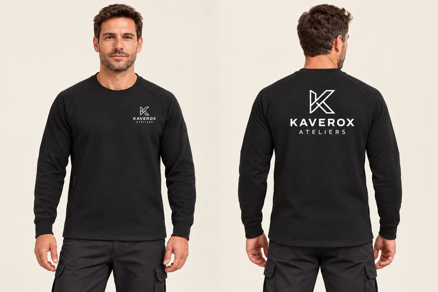 Maquette de face et de dos d’un sweat de travail noir avec le logo fictif KAVEROX ATELIERS