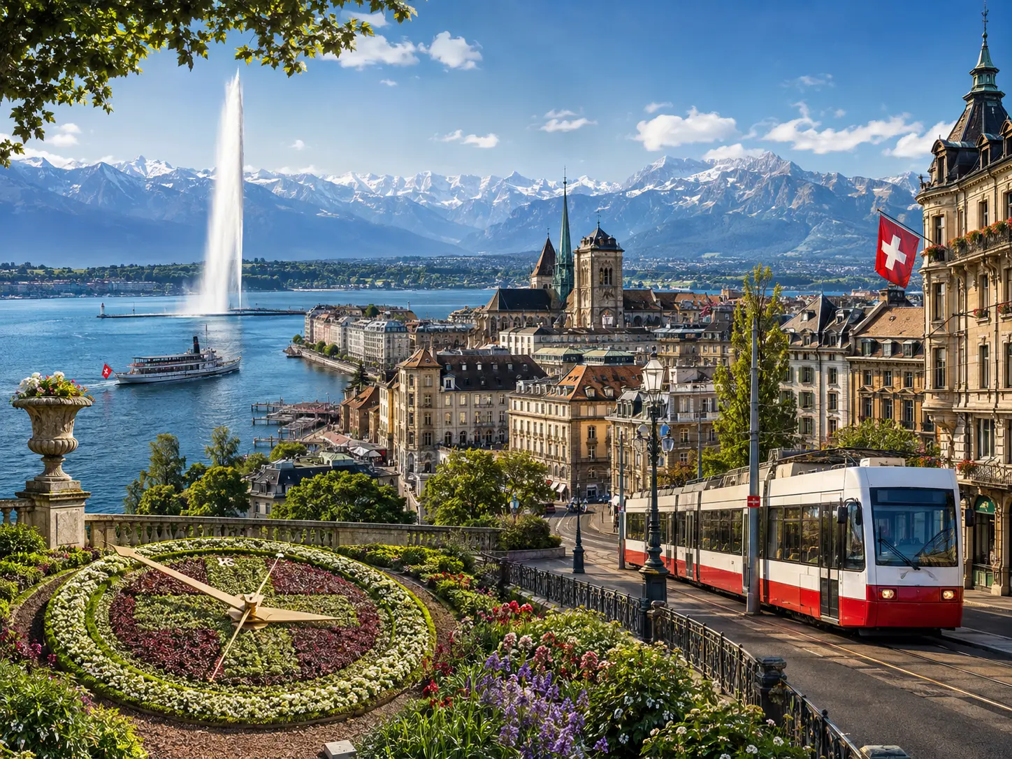 Genève, tram & Jet d’Eau, visuel de puzzle validé par LB Studio