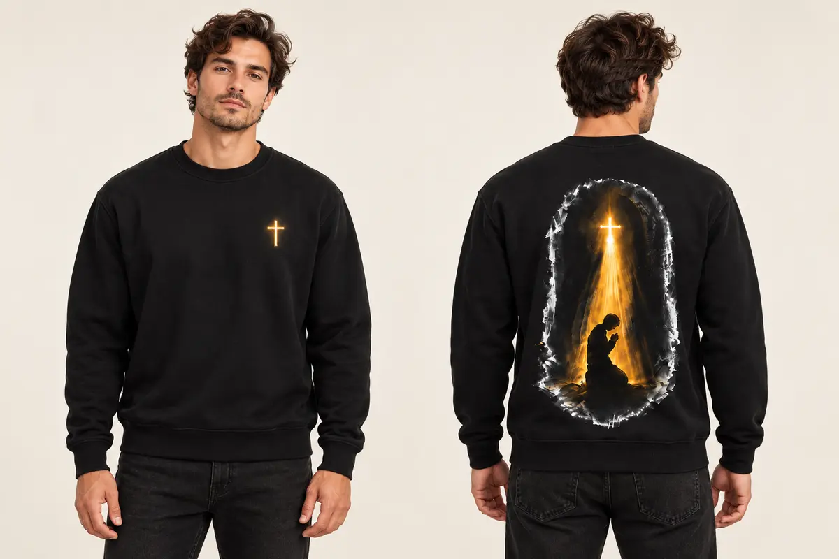 Croix de lumière · aperçu porté sur mannequin humain